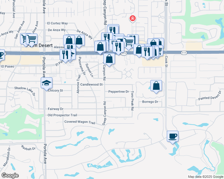 map of restaurants, bars, coffee shops, grocery stores, and more near 74564 Peppertree Drive in Palm Desert