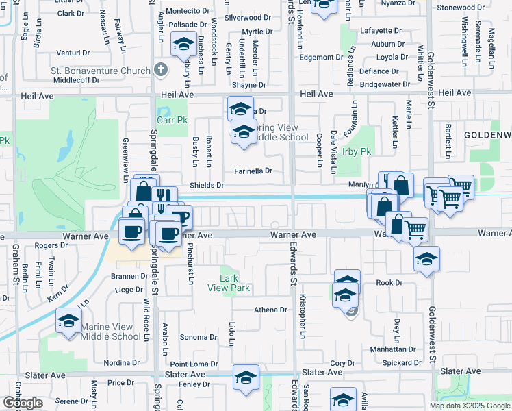 map of restaurants, bars, coffee shops, grocery stores, and more near 6301 Warner Avenue in Huntington Beach