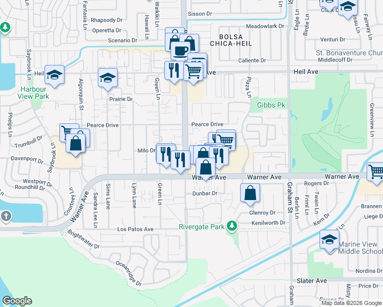 map of restaurants, bars, coffee shops, grocery stores, and more near 16872 Bolsa Chica Street in Huntington Beach