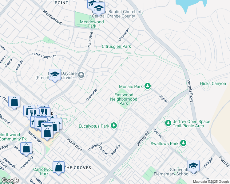 map of restaurants, bars, coffee shops, grocery stores, and more near 100 Turning Post in Irvine