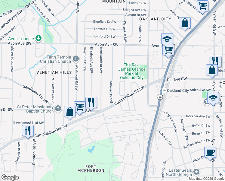 map of restaurants, bars, coffee shops, grocery stores, and more near 1392 Lorenzo Drive Southwest in Atlanta