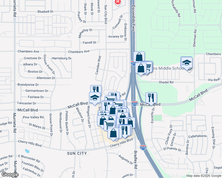 map of restaurants, bars, coffee shops, grocery stores, and more near 27601 Sun City Boulevard in Menifee