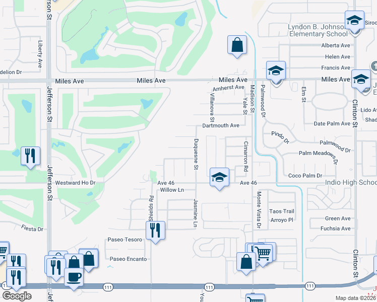 map of restaurants, bars, coffee shops, grocery stores, and more near 80635 Harvard Court in Indio