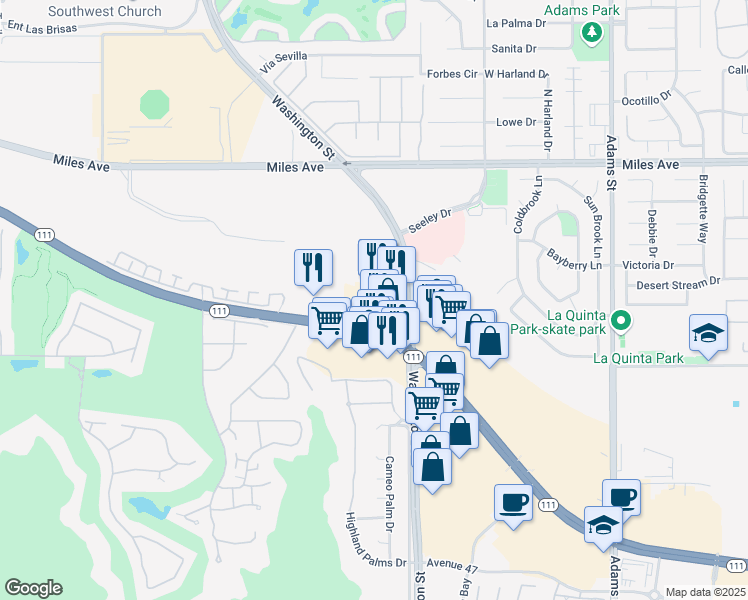 map of restaurants, bars, coffee shops, grocery stores, and more near 78370 California 111 in La Quinta