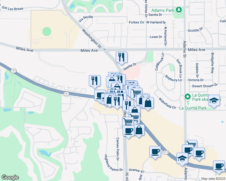 map of restaurants, bars, coffee shops, grocery stores, and more near 78370 California 111 in La Quinta