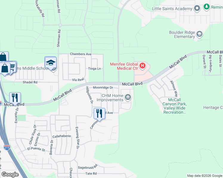map of restaurants, bars, coffee shops, grocery stores, and more near 27765 Spring Meadow Court in Menifee