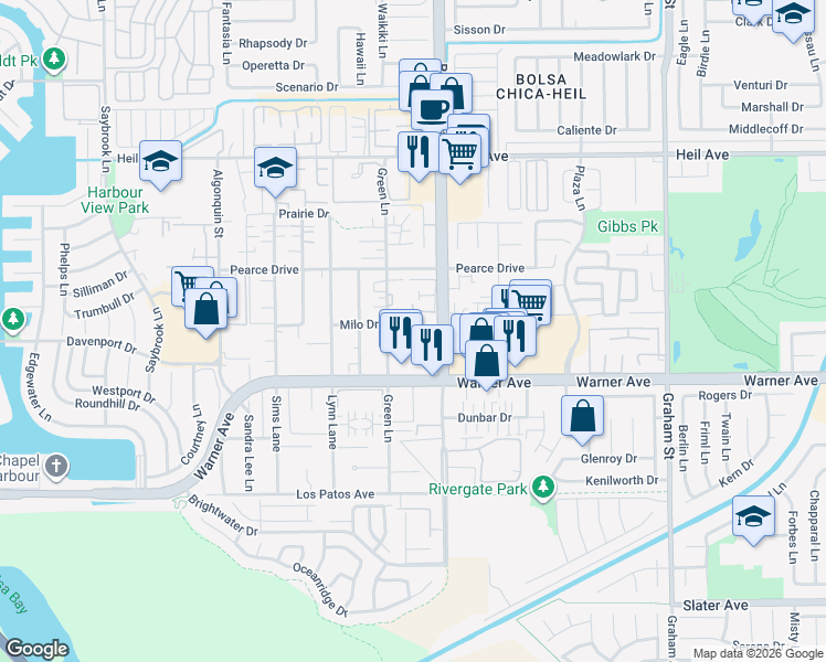 map of restaurants, bars, coffee shops, grocery stores, and more near 4931 Charlene Circle in Huntington Beach