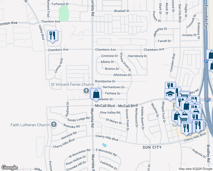 map of restaurants, bars, coffee shops, grocery stores, and more near 26122 Germantown Drive in Menifee