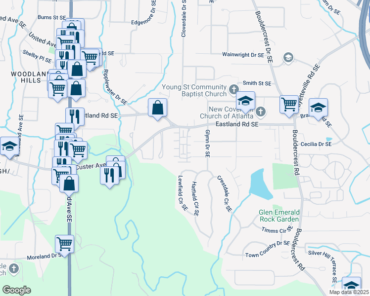 map of restaurants, bars, coffee shops, grocery stores, and more near 2166 Wiggins Walk in Atlanta