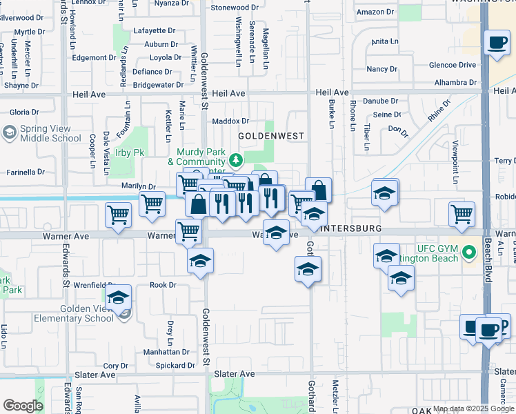 map of restaurants, bars, coffee shops, grocery stores, and more near 7191 Warner Avenue in Huntington Beach