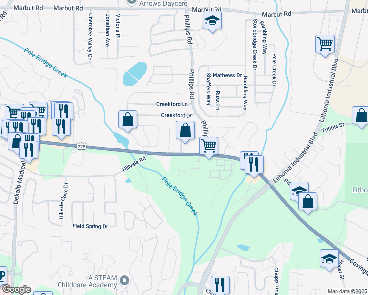 map of restaurants, bars, coffee shops, grocery stores, and more near 7006 Covington Highway in Lithonia