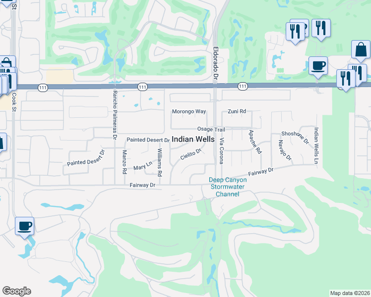 map of restaurants, bars, coffee shops, grocery stores, and more near 75635 Painted Desert Drive in Indian Wells