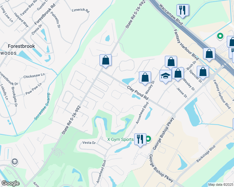 map of restaurants, bars, coffee shops, grocery stores, and more near 3807 Williamson Circle in Myrtle Beach