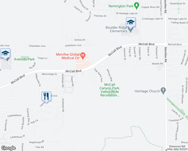 map of restaurants, bars, coffee shops, grocery stores, and more near 27783 Overland Way in Menifee