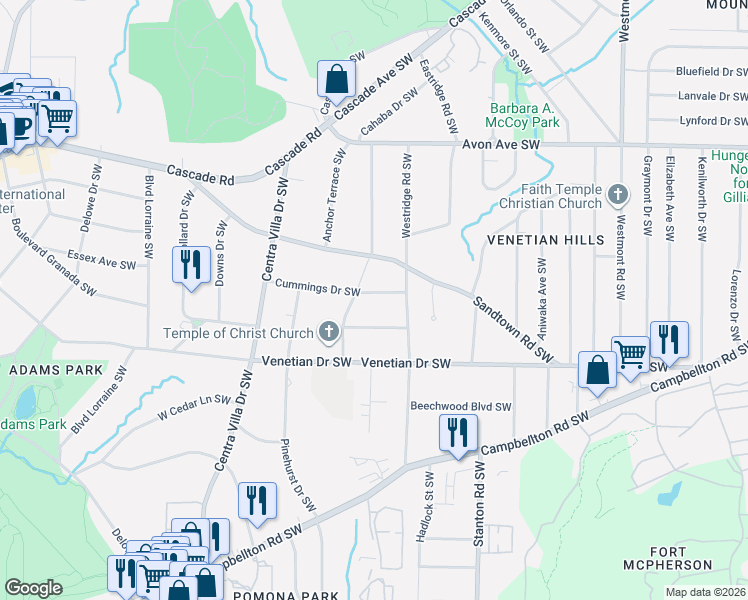 map of restaurants, bars, coffee shops, grocery stores, and more near 1848 Cummings Drive Southwest in Atlanta
