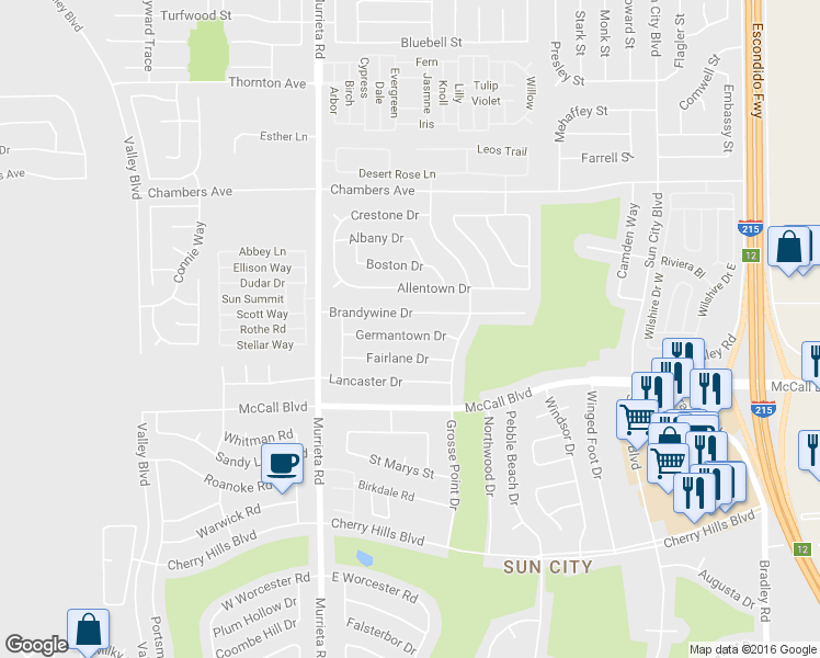 map of restaurants, bars, coffee shops, grocery stores, and more near 26212 Germantown Drive in Menifee