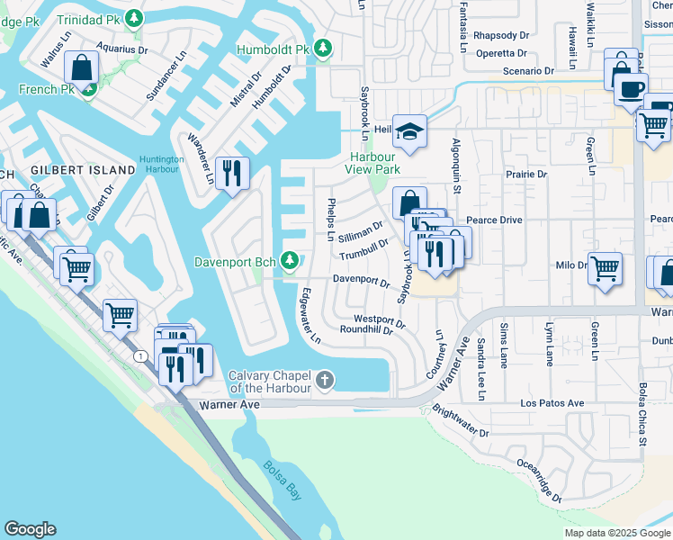 map of restaurants, bars, coffee shops, grocery stores, and more near 16862 Phelps Lane in Huntington Beach