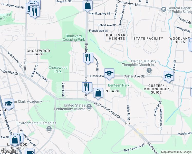map of restaurants, bars, coffee shops, grocery stores, and more near 1381 Benteen Way Southeast in Atlanta