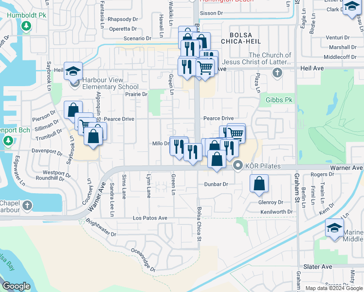 map of restaurants, bars, coffee shops, grocery stores, and more near 4921 Charlene Circle in Huntington Beach