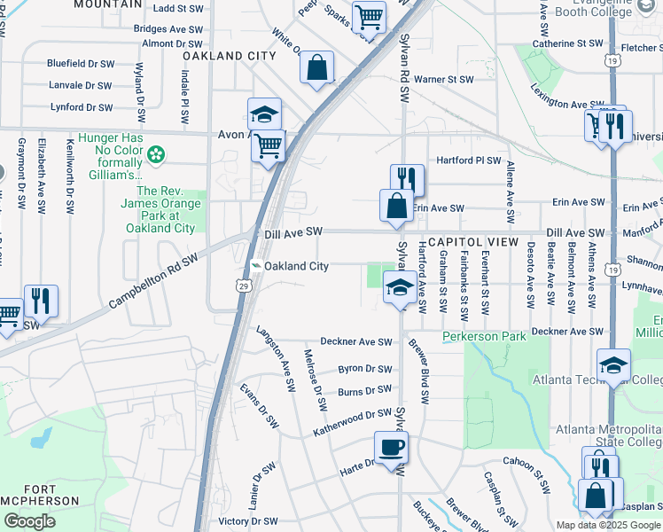 map of restaurants, bars, coffee shops, grocery stores, and more near 1010 Arden Avenue Southwest in Atlanta