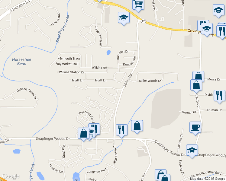 map of restaurants, bars, coffee shops, grocery stores, and more near 4999 Windsor Downs Dr in Decatur