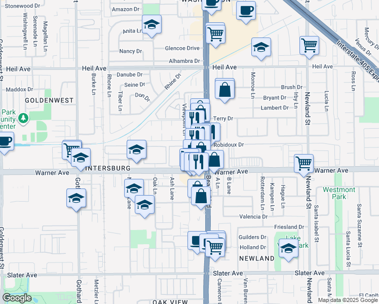 map of restaurants, bars, coffee shops, grocery stores, and more near in Huntington Beach