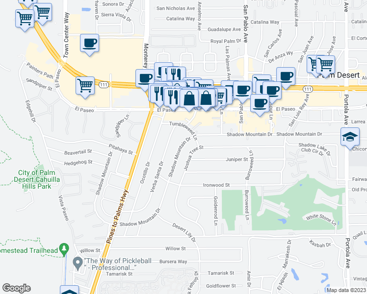 map of restaurants, bars, coffee shops, grocery stores, and more near 73181 Shadow Mountain Drive in Palm Desert