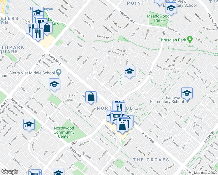 map of restaurants, bars, coffee shops, grocery stores, and more near 1 Alameda in Irvine