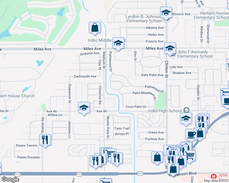 map of restaurants, bars, coffee shops, grocery stores, and more near 81097 King Palm Drive in Indio