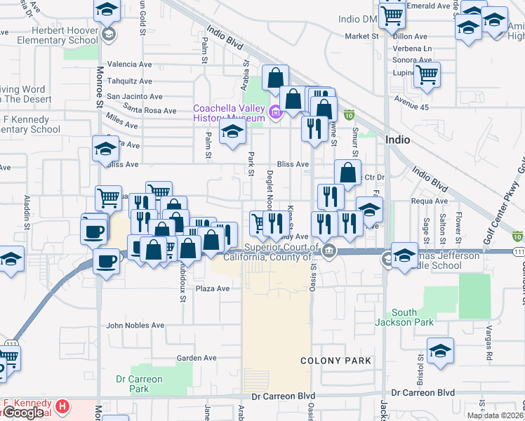 map of restaurants, bars, coffee shops, grocery stores, and more near 45671 Deglet Noor Street in Indio