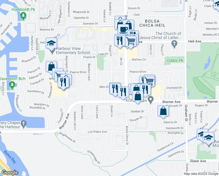 map of restaurants, bars, coffee shops, grocery stores, and more near 16861 Green Lane in Huntington Beach
