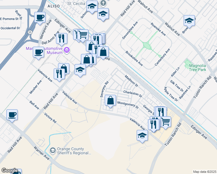 map of restaurants, bars, coffee shops, grocery stores, and more near 15213 York Street in Tustin