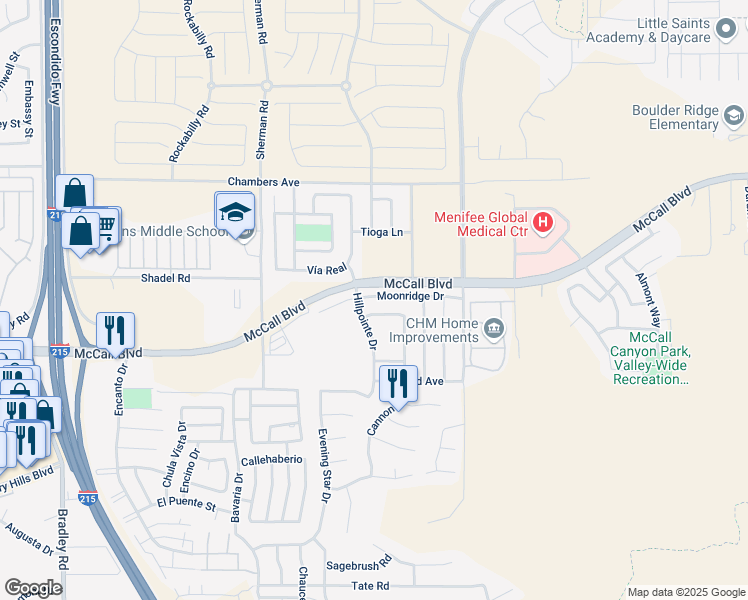map of restaurants, bars, coffee shops, grocery stores, and more near 27785 Moonridge Drive in Menifee