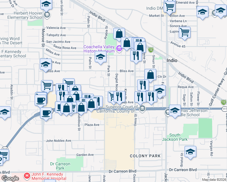 map of restaurants, bars, coffee shops, grocery stores, and more near 45671 Deglet Noor Street in Indio