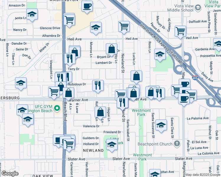 map of restaurants, bars, coffee shops, grocery stores, and more near 16891 Minoru Lane in Huntington Beach