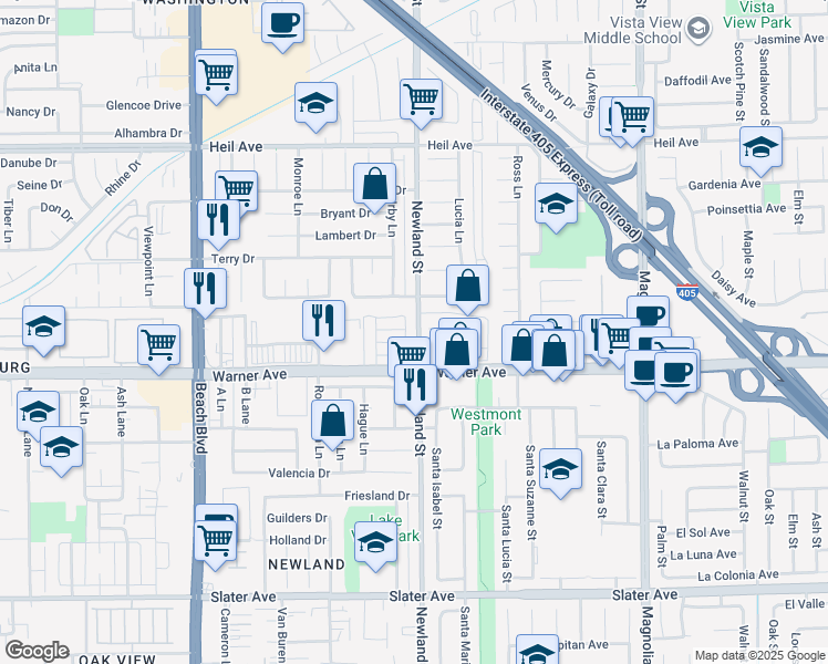 map of restaurants, bars, coffee shops, grocery stores, and more near 16891 Newland Street in Huntington Beach