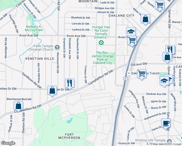 map of restaurants, bars, coffee shops, grocery stores, and more near 1393 Byrere Terrace Southwest in Atlanta