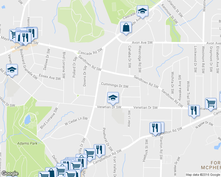 map of restaurants, bars, coffee shops, grocery stores, and more near 1410 Pinehurst Drive Southwest in Atlanta