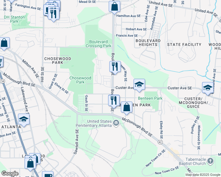map of restaurants, bars, coffee shops, grocery stores, and more near 1369 Boulevard Southeast in Atlanta