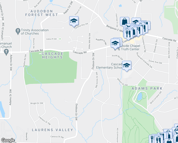 map of restaurants, bars, coffee shops, grocery stores, and more near 1433 Dodson Drive Southwest in Atlanta
