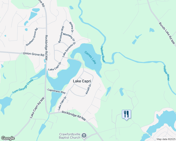 map of restaurants, bars, coffee shops, grocery stores, and more near 2559 Amalfi Drive in Conyers