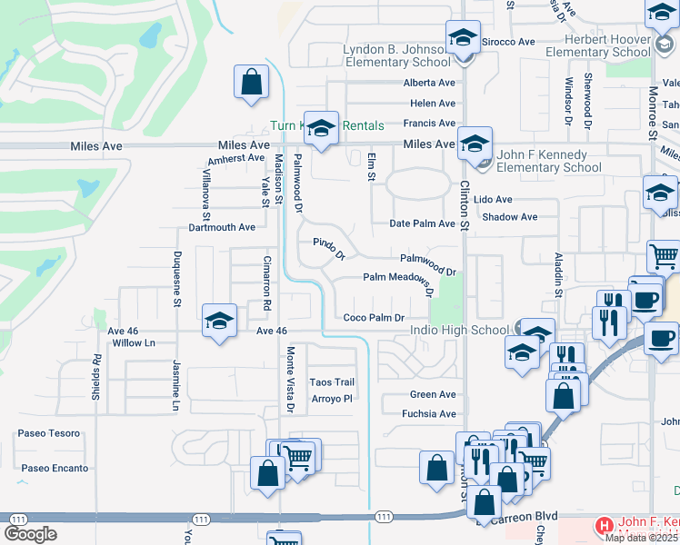 map of restaurants, bars, coffee shops, grocery stores, and more near 81144 Palm Meadows Drive in Indio