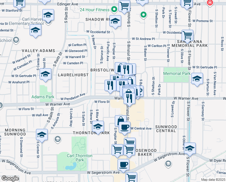 map of restaurants, bars, coffee shops, grocery stores, and more near 2201 South Pacific Avenue in Santa Ana