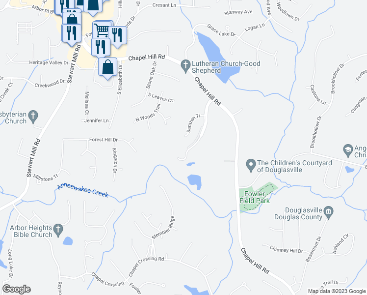 map of restaurants, bars, coffee shops, grocery stores, and more near 5940 Hogan's Way in Douglasville