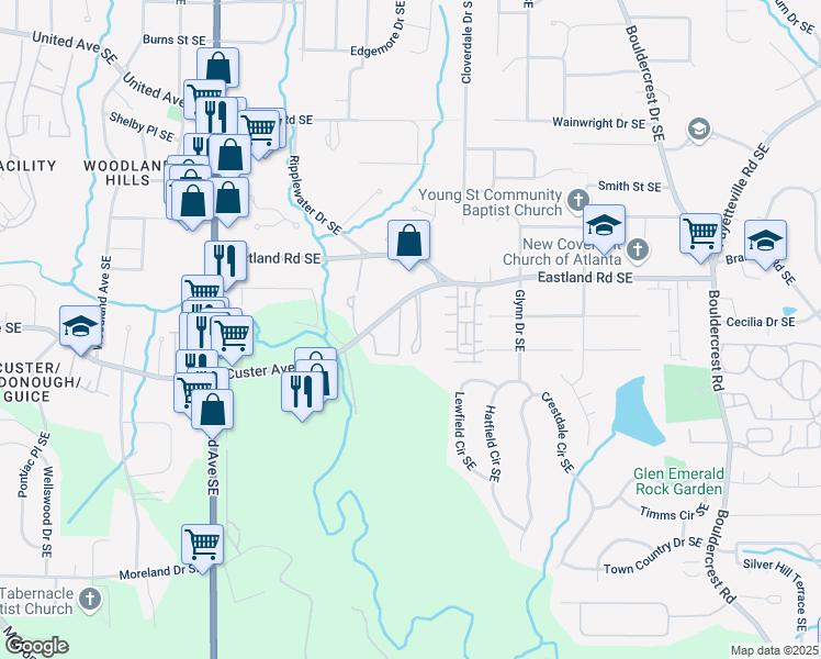 map of restaurants, bars, coffee shops, grocery stores, and more near 1403 Custer Avenue Southeast in Atlanta