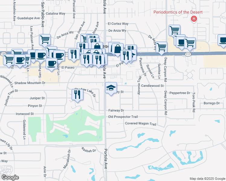 map of restaurants, bars, coffee shops, grocery stores, and more near 45630 Portola Avenue in Palm Desert
