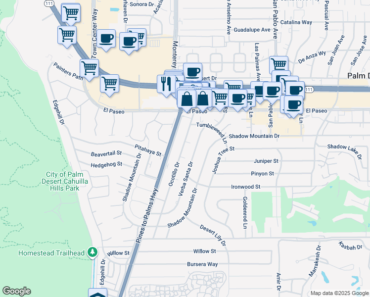 map of restaurants, bars, coffee shops, grocery stores, and more near 45672 Ocotillo Drive in Palm Desert