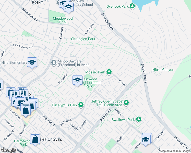 map of restaurants, bars, coffee shops, grocery stores, and more near 127 Baja in Irvine