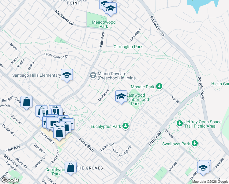 map of restaurants, bars, coffee shops, grocery stores, and more near 114 Outpost in Irvine