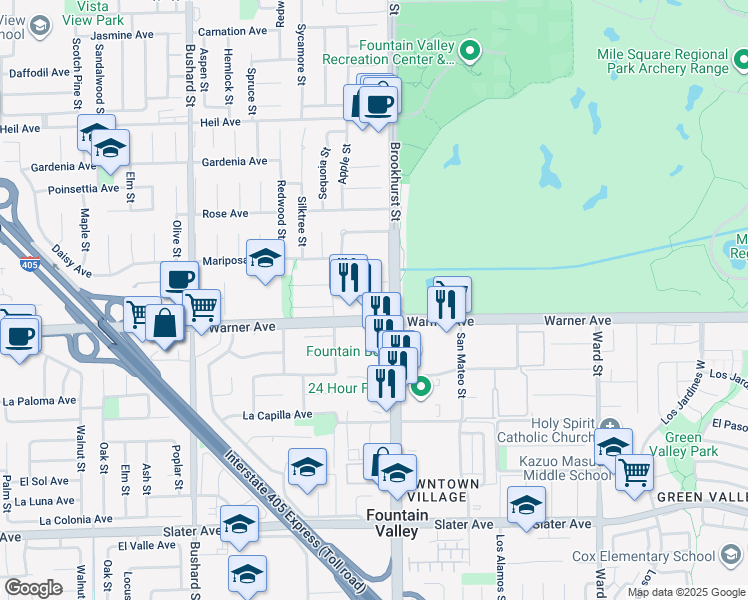 map of restaurants, bars, coffee shops, grocery stores, and more near 16935 Mount Hanna Circle in Fountain Valley